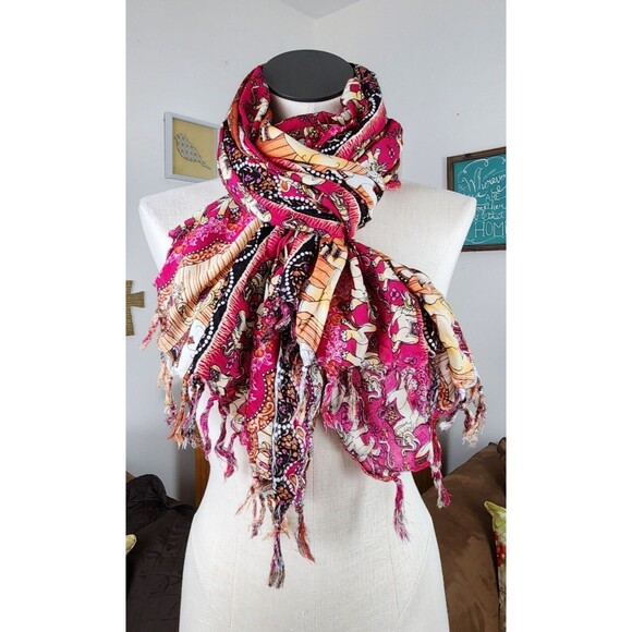 Women's Rectangular Ethnic Elephant Scarf Shawl with Fringe 62X43" - Picture 4 of 5